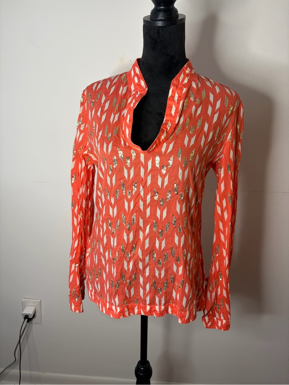 Tory Burch Coral Orange Ikat Gold Sequin Tunic Top Size 6 Long Sleeve